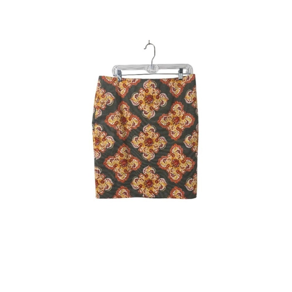 Loft Pencil Skirt Womens 12 Green Orange Medallion Boho Cotton Stretch Career